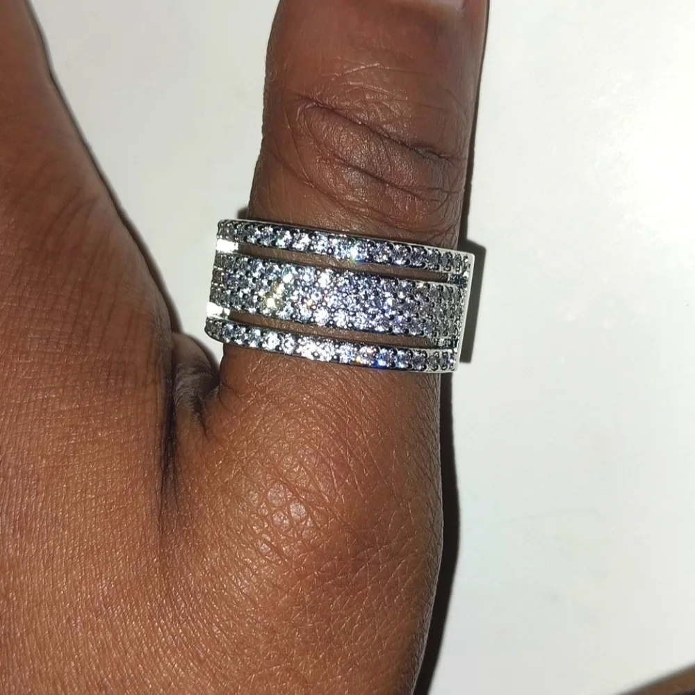Unisex 925 Sterling Silver Pave Band Ring Sz 10